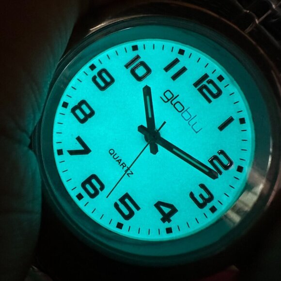 3/$30 Globlu Watch Men Silver White Dial Easy To Read Numbers Stretch Band 8" - Picture 3 of 12